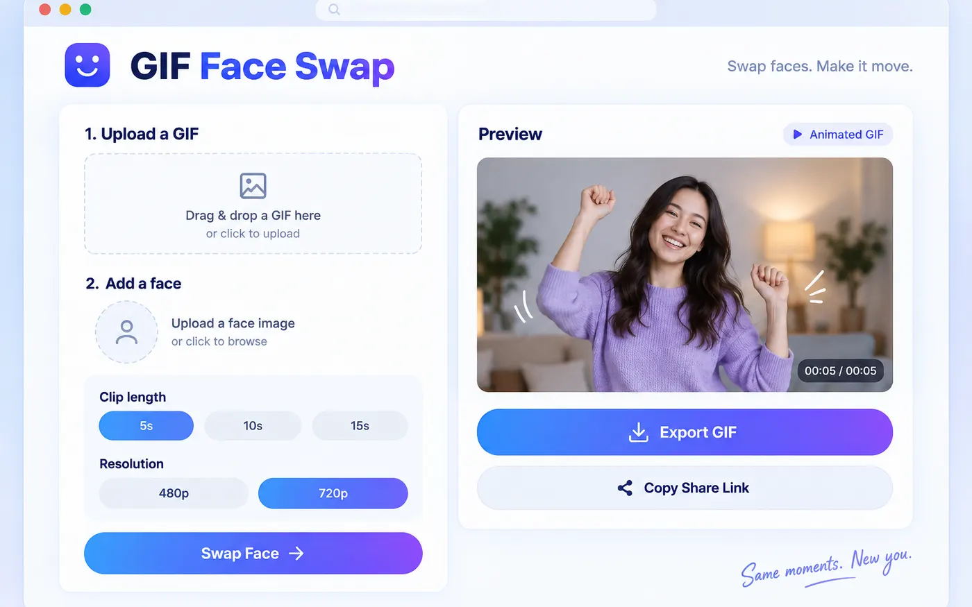 A polished bright product interface for GIF Face Swap, shown in a clean browser workspace with a small animated preview panel and a clearly readable settings card. Display exact controls labeled “Clip length” with selectable options “5s”, “10s”, “15s”, and “Resolution” with selectable options “480p”, “720p”. Use crisp modern typography, generous spacing, subtle blue-purple accents, rounded cards, and a clear share-ready export feel. Choose clip length and resolution for a GIF face swap