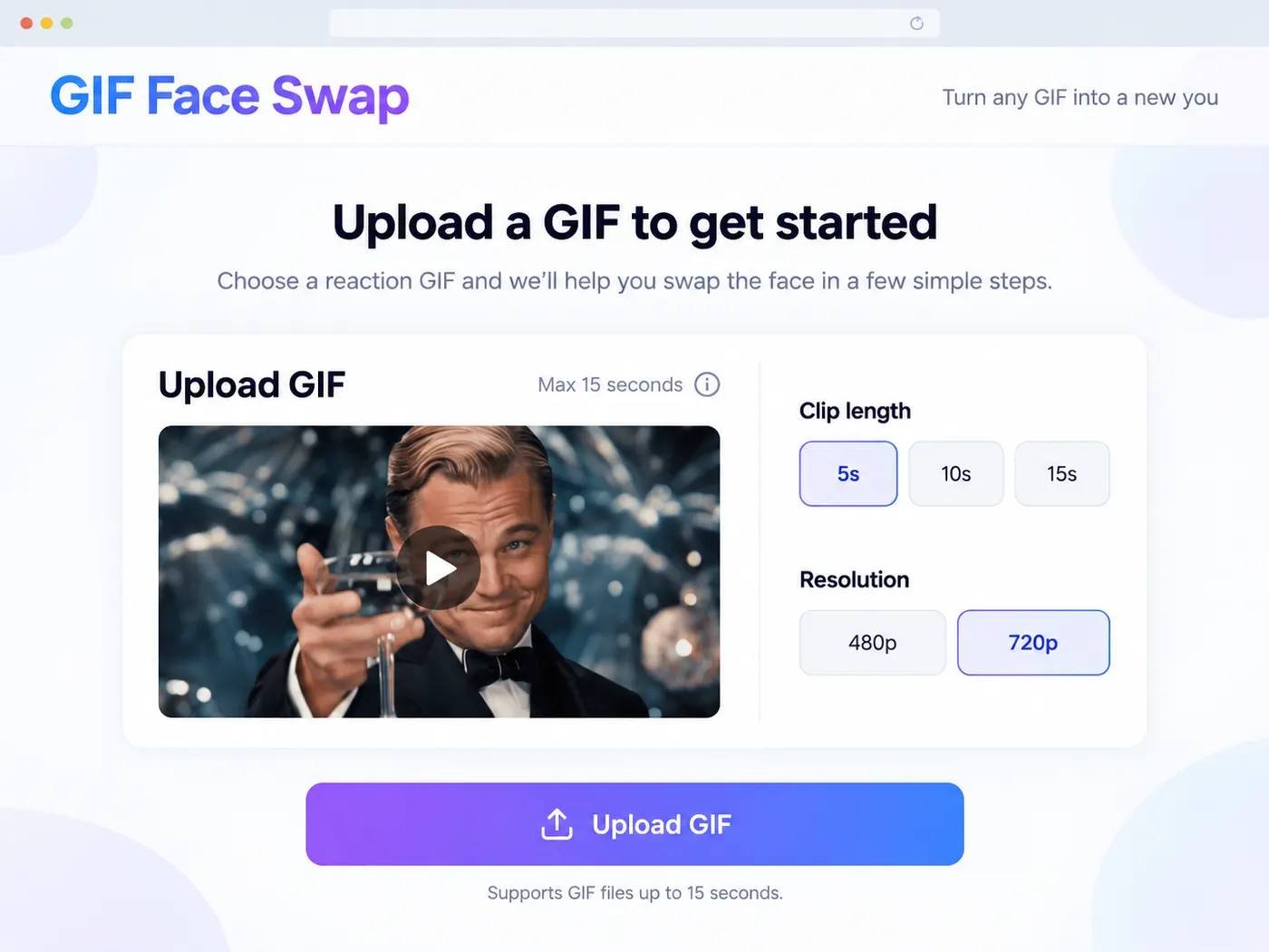 A polished 4:3 browser interface for a GIF Face Swap tool, focused on the upload step. Show a prominent upload card labeled “Upload GIF”, containing a reaction GIF thumbnail with a visible play icon. Beside it, display readable controls labeled “Max 15 seconds”, “Clip length” with “5s”, “10s”, “15s”, and “Resolution” with “480p”, “720p”. Use a clean bright layout, rounded cards, crisp typography, subtle blue-purple accents, and generous whitespace. Upload an animated GIF for face swapping