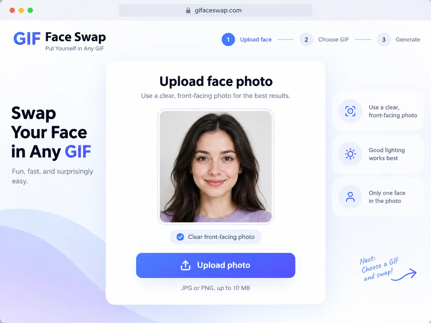 A polished 4:3 browser interface continuing the same GIF Face Swap workflow, focused on the face upload step. Show a prominent card labeled “Upload face photo” containing a clear front-facing head-and-shoulders portrait thumbnail. Add a small readable helper label “Clear front-facing photo”. Keep the same bright visual system, rounded cards, crisp modern typography, subtle blue-purple accents, and simple guided upload layout. Upload a clear face photo for the GIF face swap