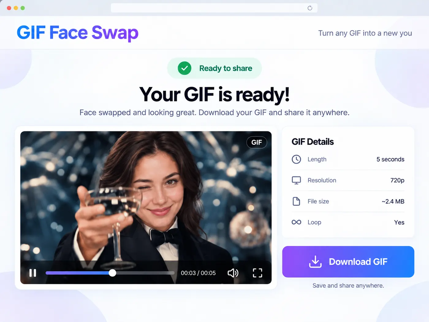 A polished 4:3 browser interface showing the completed GIF Face Swap result. Display a large looping GIF preview with visible playback controls, a photogenic person making a natural expressive reaction, and a prominent high-contrast button labeled “Download GIF”. Include a compact status label “Ready to share”, clean rounded panels, crisp modern typography, subtle blue-purple accents, and a refined export-ready product experience. Generate and download the finished face swap GIF