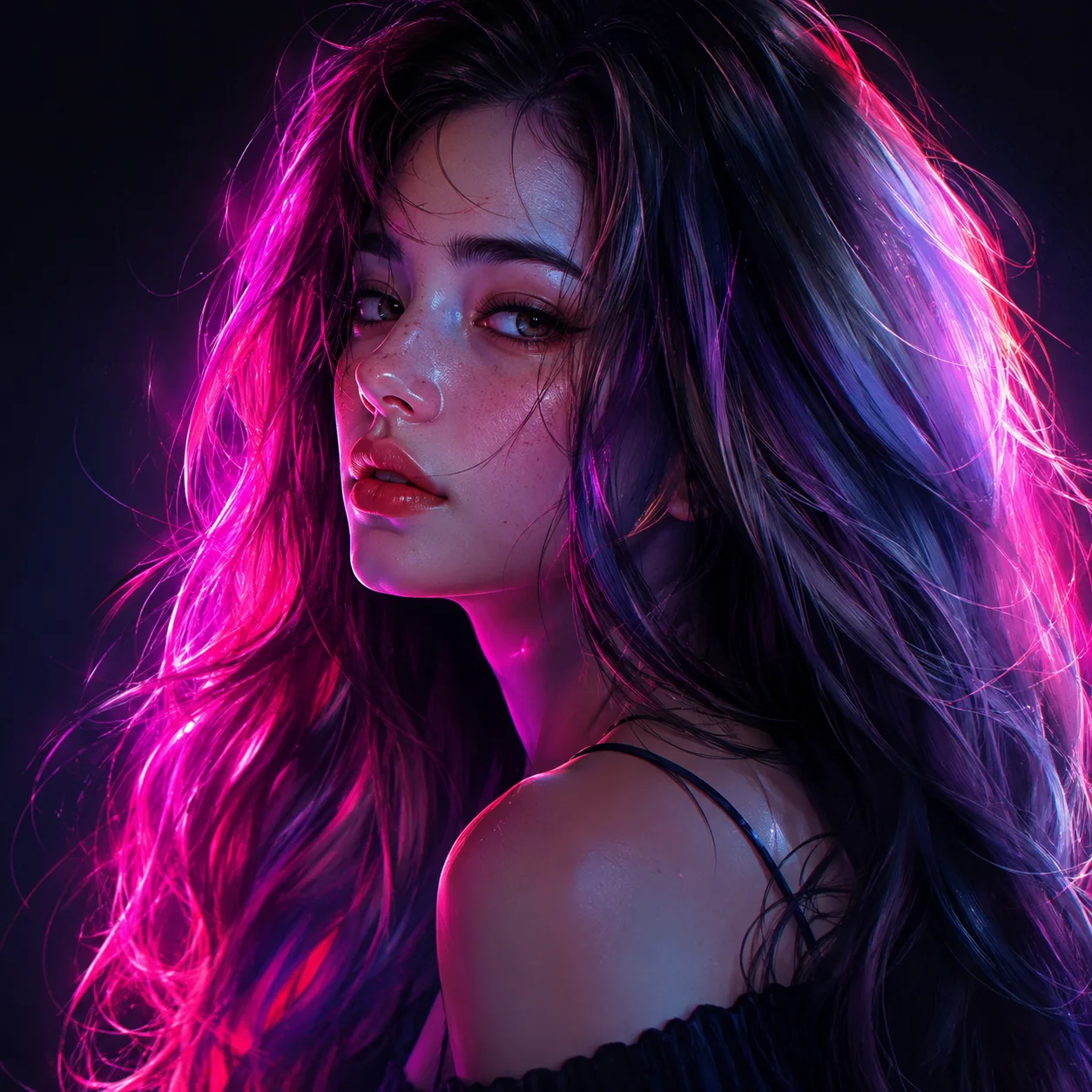 A striking AI-generated digital art portrait of a young woman with flowing iridescent hair, neon magenta and violet rim lighting, dark studio background, hyperdetailed, painterly cinematic style. Add your photo or a prompt