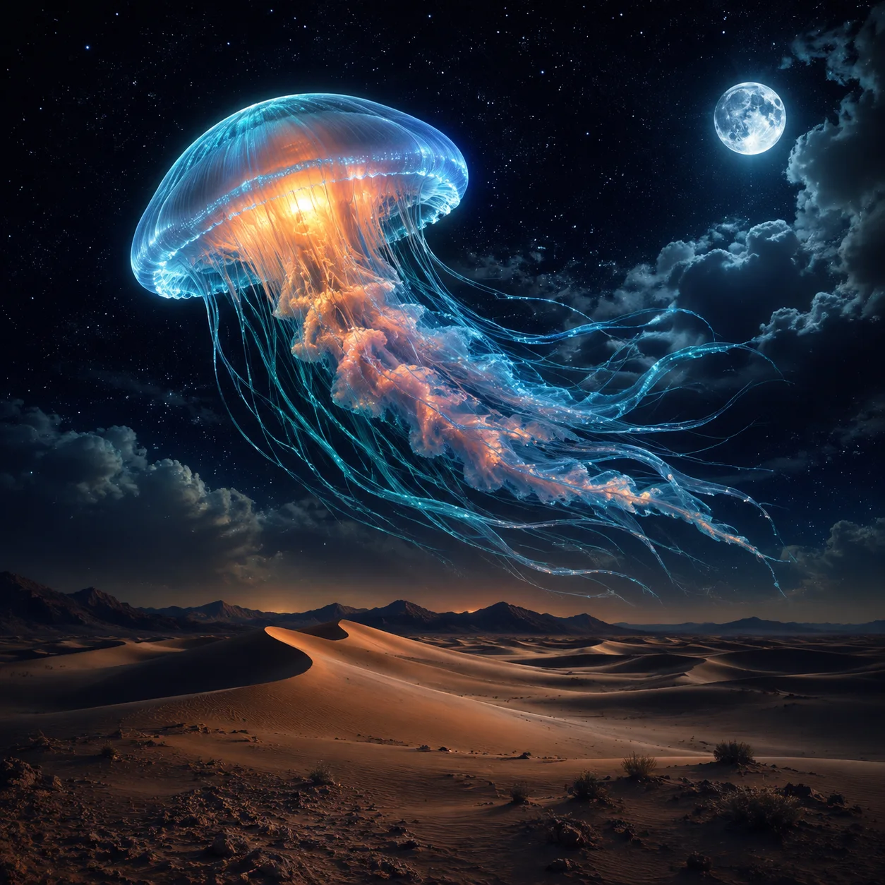 Surreal creative composition, a giant glowing jellyfish floating over a desert at night under a starry sky, magical realism, cinematic color grade. Download and share it