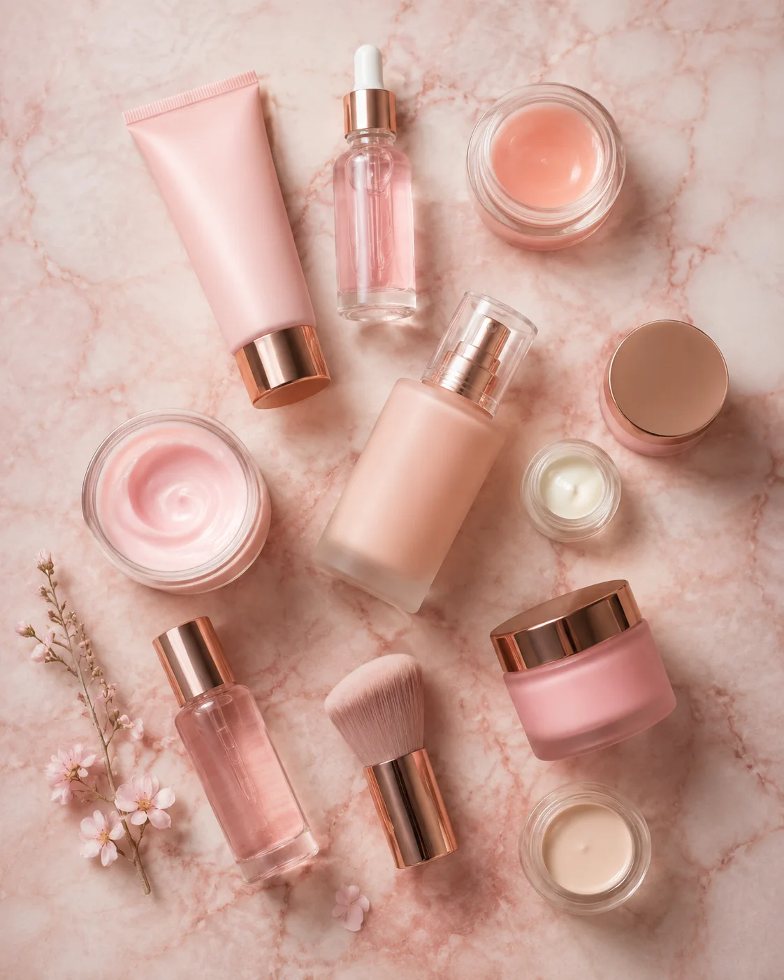 Overhead flat lay of premium skincare and cosmetics on a soft pink marble surface, minimal props, soft diffused studio light, editorial product photography. AI Image Generator