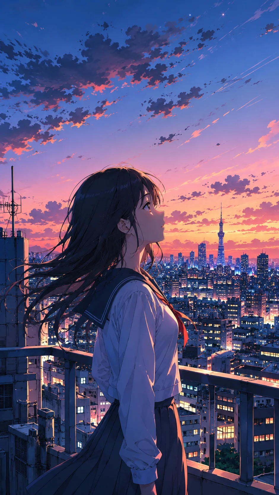 Anime-style illustration of a girl standing on a Tokyo rooftop at dusk, glowing city lights below, cel-shaded, vibrant colors, crisp linework. Face Swap
