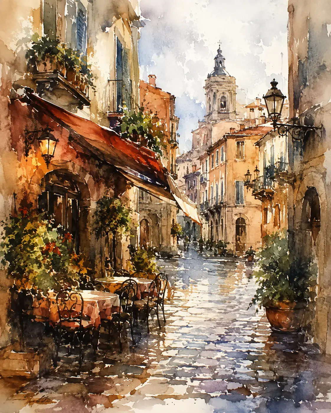 Loose watercolor painting of a European old-town street with cafes and cobblestones, warm washes, soft bleeding edges, artistic illustration. Pick a look and generate