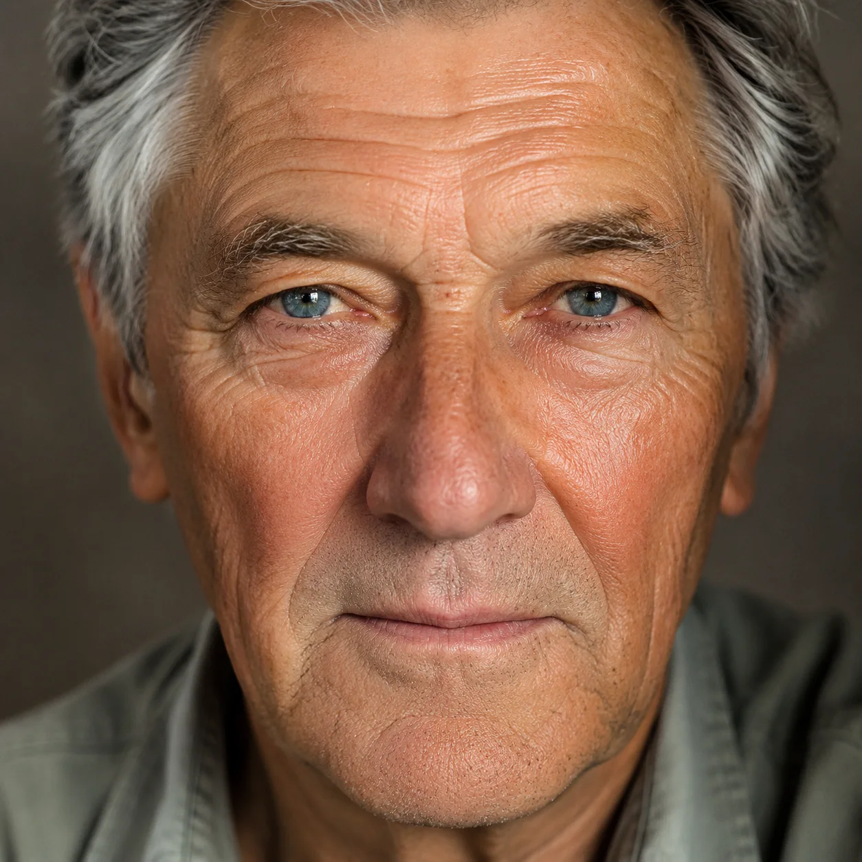 Ultra-sharp macro portrait of an older man's face, every wrinkle and eyelash crisp, restored high-resolution photograph, soft window light, fine texture detail. Image Upscaler
